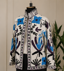Vintage <b>Jacket</b> Cotton Blue Floral Print <b>White</b> Base Hand Embroidered Look Boho Statement Jaipuri Coat <b>Women</b> Outerwear Boutique - Product Image 3