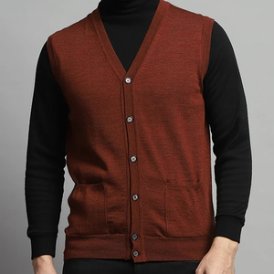 Cardigan sans manches en mélange de laine pour homme, col en V, fermeture boutonnée, couleur unie, tricot anti-boulochage, épaisseur standard, idéal pour l'automne - Product Image 1