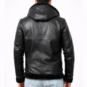 Blouson bomber en cuir noir à capuche Barboda - Blouson bomber en cuir noir à capuche pour l'hiver - Product Image 3