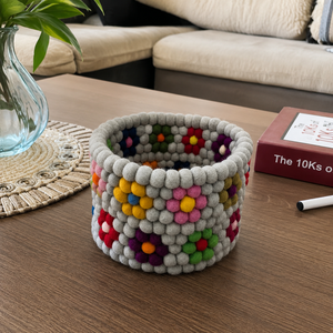 Flower Pattern <b>Wool</b> Pom Pom Basket Bohemia Style Decorative Storage Bin - Product Image 1