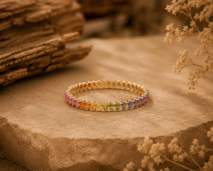 Gold Plated 925 <b>Silver</b> <b>Eternity</b> Band <b>Ring</b> with Rainbow Zircon Prong Setting Trendy Style Unisex Everyday Wear Jewelry - Product Image 5