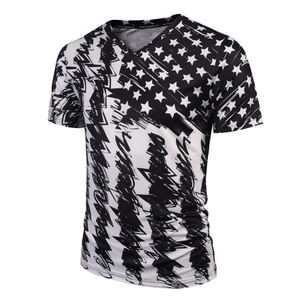 T-shirt à manches courtes pour homme, coupe classique, noir et blanc, imprimé par transfert thermique, respirant, tricoté, col rond, décontracté, 100% coton - Product Image 1