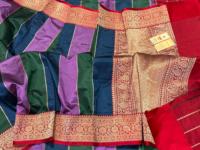 Saree Katan Sutra Murni Banarasi Tenun Tangan Rangkaat Mewah Tradisional India untuk Pesta Pernikahan Pengantin, Pewarnaan Kuas Multi Warna, Cepat