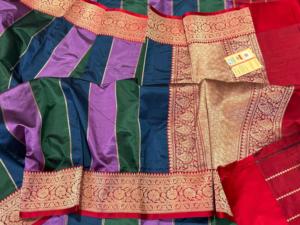 Sari Banarasi en Soie Katan Pure Tissé à la Main, Luxe Traditionnel Indien, pour Mariage et Cérémonies, Multicolore, Teinture à la Brosse Rapide - Product Image 3