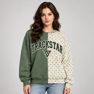 Sweat-shirt surdimensionné vert beige à pois fendus pour femme, col rond, épaules tombantes, manches longues, imprimé, pull personnalisé, vente en gros OEM - Product Image 1