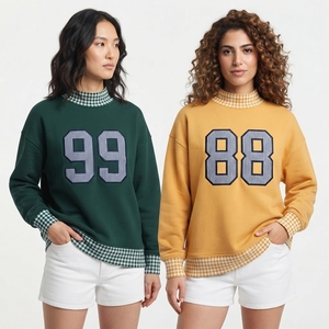 Buy <b>Oversized</b> Crew Neck Sweatshirt Number 99 88 Gingham Trim Long Sleeve Casual Wear Autumn Knitted Cotton <b>Sweater</b> - Product Image 1