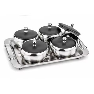 Ensemble de bols à fruits secs en acier inoxydable de qualité supérieure avec couvercles noirs mats et plateau à poignée robuste pour un cadeau de luxe - Product Image 1