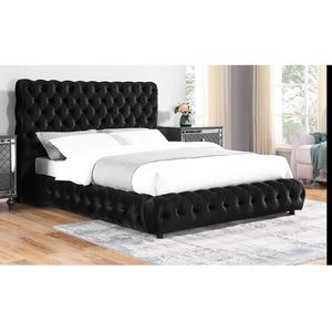 Letto matrimoniale contemporaneo con testiera e pediera trapuntate, rivestimento nero, mobili per camera da letto - Product Image 1