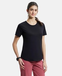 Camiseta de Manga Corta con Cuello Redondo Negra para Mujer, Corte Regular, Secado Rápido, Tejido de Poliéster, Color Sólido Informal, para Todas las Temporadas - Product Image 3