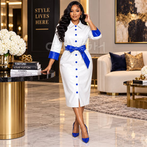 Robe chemise en cuir blanc Cosh International Sorority Sisterhood avec poignets contrastants bleus et ceinture, manches trois quarts - Product Image 3