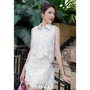 VIATKA Robe midi blanche en laine peignée pour femme, manches courtes, boutonnée, taille haute, coupe trapèze, col rabattu, anti-plis, décontractée VKSE0431 - Product Image 2