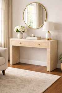 Table console en bois style shabby chic avec incrustation florale, forme rectangulaire, décoration intérieure, mobilier d'appoint pour bureau - Product Image 2