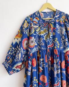 100% Cotton Woven Hand Block Printed Indian Floral Luxury <b>Three</b> Quarter Sleeve 100% Cotton Summer Casual Dress Asymmetrical Hem - Product Image 5