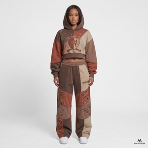 Ensemble survêtement femme marron beige patchwork avec sweat à capuche et pantalon large à motif strass, tenue streetwear personnalisée pour femme - Product Image 1