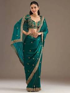 Sari en Georgette Bourgogne Brodé avec Bordure en Paillettes, Jari et Dori – Robe Traditionnelle Indienne pour Mariage et Fêtes - Product Image 5