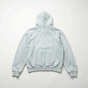 Wholesale Washed Light‑Blue Zip Hoodie with Exposed Seams | Distressed Panel Athletic Hoodie | OEM Streetwear Supplier - Product Image 2