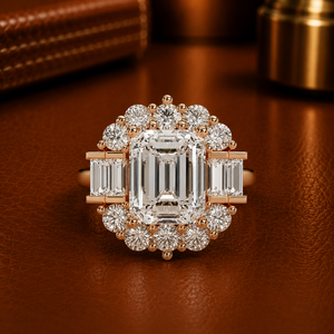 Art Deco Jewelry 14K Solid Gold Emerald Cut Lab Grown Diamond IGI Certified Round & Baguette Cluster Diamond Engagement <b>Rings</b> - Product Image 1