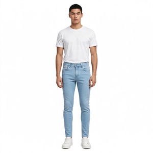 Jean en denim pour homme, taille mi-haute, coupe droite, en coton, délavé, coupe classique, décontracté, respirant, séchage rapide, écologique, été - Product Image 5