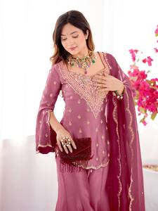 Conjunto de traje Sharara de seda Simar bordado para mujer con dupatta, ropa tradicional india y pakistaní para fiestas y bodas - Product Image 4