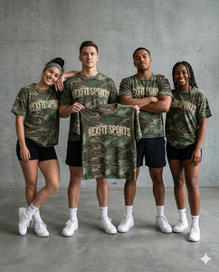 Camiseta de camuflaje gruesa personalizada REXFIT SPORTS para hombre, con logotipo bordado desgastado, estilo urbano, de algodón, talla grande. - Product Image 5