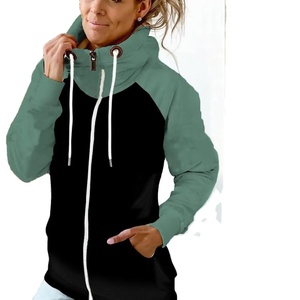 Sweat à capuche d'hiver pour femmes Patchwork thermique 100% coton polaire fermeture éclair coupe-vent écologique décontracté doux chaud Protection du cou - Product Image 1