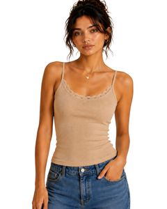 Débardeur côtelé beige pour femme avec dentelle, bretelles spaghetti, sans manches, en coton, coupe ajustée, style décontracté, pour l'été, tendance - Product Image 1