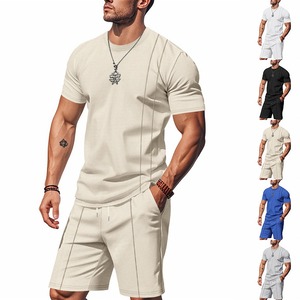 Conjunto de Camiseta Deportiva Casual de Verano para Hombre, de Poliéster/Algodón, Tejido Waffle, Transpirable, de Manga Corta, Corte Holgado, Dos Piezas - Product Image 1