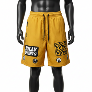 Shorts pour femmes en nylon et élasthanne de qualité supérieure 220 GSM, jaune moutarde, avec empiècements, poche zippée, logo brodé personnalisé - Product Image 1