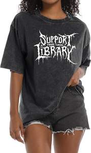 T-shirt graphique surdimensionné pour femme, style gothique vintage streetwear, délavé à l'acide, avec le slogan « Soutenez votre bibliothèque locale », très demandé - Product Image 3