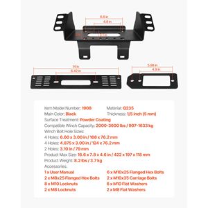 Support de treuil pour attelage de remorque Polaris Ranger (2010-2021) 907-1633 kg Capacité du treuil 3 options de montage - Product Image 3