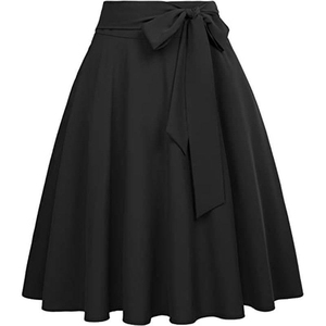 Jupe trapèze taille haute pour femme, longueur genou, en satin noir uni avec nœud décoratif, élégante, toutes saisons - Product Image 2