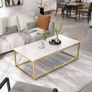 Rectangular White Natural Marble with Grey Grains Coffee <b>Table</b> with Geometric Straight Strips Steel Base - Product Image 2