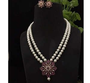 Ensemble de collier et boucles d'oreilles en perles véritables de qualité supérieure avec pierres CZ, pour femmes et filles, collection pour mariage. - Product Image 2