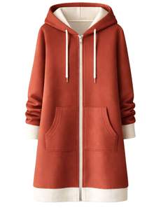 Sudadera con capucha larga personalizada con cremallera, color óxido, para mujer, abrigo de invierno con forro polar, informal, holgado, con bolsillos, OEM personalizado - Product Image 1