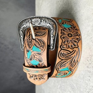 Custom Made Western Floral Engraved <b>Leather</b> Belt With Silver Buckle Painted Design Full Grain Western <b>Leather</b> <b>Tooling</b> Belt - Product Image 5