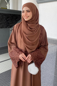Elegant Brown Solid Embroidered Abaya <b>Long</b> Sleeve Modest <b>Dress</b> Floor Length Round Neck Loose Fit <b>for</b> Women Middle East Style - Product Image 1