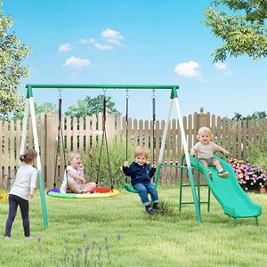 Set Altalena in Metallo Verde Scuro con Sedile a Disco, Corda Regolabile, Struttura a Forma di A Resistente, Include Scivolo per Bambini da Giardino - Product Image 2