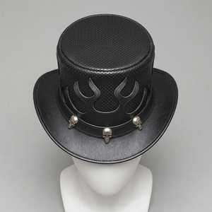 Unisex Leather <b>Top</b> Hat with Embossed Flames and <b>Skulls</b> Casual Style Adjustable 56-58CM Adult Party Hat - Product Image 4