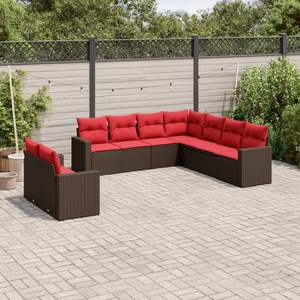 ชุดโซฟาลานบ้านหวายโพลีสีน้ำตาล 9 ชิ้นพร้อมชุดเบาะรองนั่งในสวน - Product Image 1