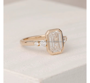 Anillo de compromiso/boda unisex de oro blanco de 14k con diamante tallado en laboratorio IGI, engaste de bisel hecho a mano, regalo de aniversario para fiesta - Product Image 2