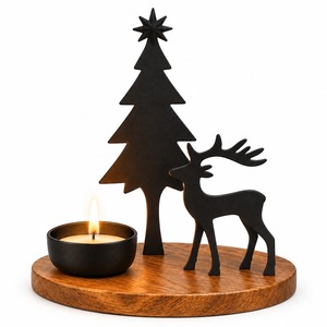 Christmas Tree and Reindeer <b>Candle</b> Holder Wooden Base Minimalist Holiday Decor Tabletop Ornament <b>Winter</b> Theme - Product Image 1