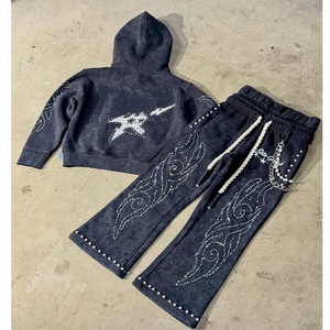 Ensemble de survêtement vintage personnalisé pour homme, deux pièces, avec strass, imprimé effet vieilli, coupe jogger, délavé à l'acide, évasé, style streetwear - Product Image 2