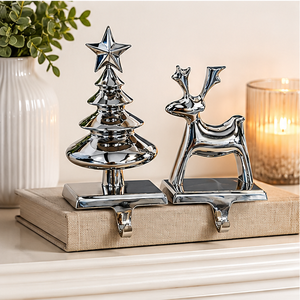 Polished Nickel Christmas Tree And Reindeer <b>Stocking</b> <b>Holder</b> Hangers Aluminium Non-Slip Weighted Base Metal Festive Mantle Decor - Product Image 4
