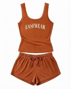 Conjunto de Dos Piezas para Mujer, Top Corto y Pantalones Cortos Acanalados, Sin Mangas, Cuello Redondo, Casual, para Todas las Temporadas, Mezcla de Algodón y Elastano, Estampado de Letras, Uso Diario - Product Image 1