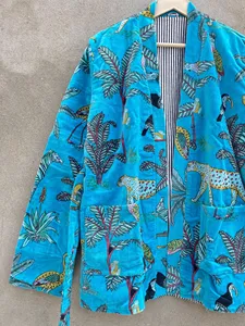 Blue Tropical Animal Print Cotton Boho <b>Jacket</b> Women Casual Open Front Long Sleeve <b>Lightweight</b> <b>Summer</b> Wear - Product Image 2