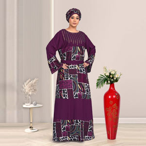 Vestido Kaftan Modesto de Rayón con Adornos de Diamantes, Paneles con Estampado en Contraste, Manga Larga, Elegante Traje Maxi Islámico de Oriente Medio - Product Image 2