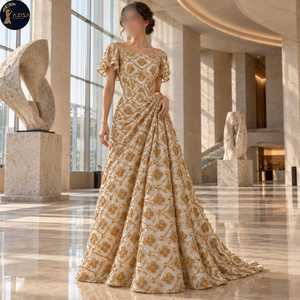 Geometric Gold <b>Beaded</b> Dress <b>Fabric</b> with Floral Motifs and Leaf Embroidery | Decorative Textile for Bridal Gowns and Eveningwear - Product Image 4