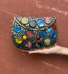 Handcrafted Vintage Storage Bag Boho Green Stone & <b>Silver</b> Brass Beaded <b>Clutch</b> Bag Handmade Embellished Metal Evening Party Purse - Product Image 3