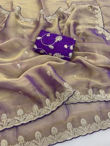 Sari de diseñador de seda de dos tonos Royal con bordado de lentejuelas, ribete pesado y detalles Aarco en toda la prenda, sari tradicional de diseñador. - Product Image 5