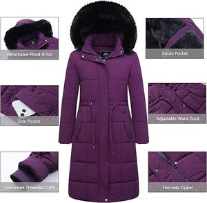 Abrigo Largo Acolchado de Invierno para Mujer con Capucha de Piel, Cierre de Botones, Morado, Grueso, Cálido, Manga Larga, Color Sólido - Product Image 3